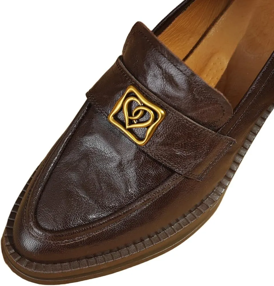 TinaCus Genuine Leather Women's Pointed Toe Handmade Chunky Heels Slip On Loafers Shoes