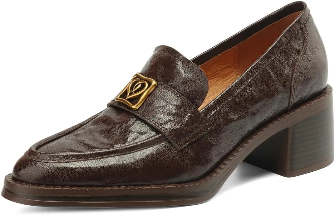 TinaCus Genuine Leather Women's Pointed Toe Handmade Chunky Heels Slip On Loafers Shoes