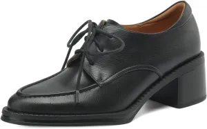 TinaCus Genuine Leather Women's Pointed Toe Handmade Selftie Chunky Heels Trendy Oxford Shoes