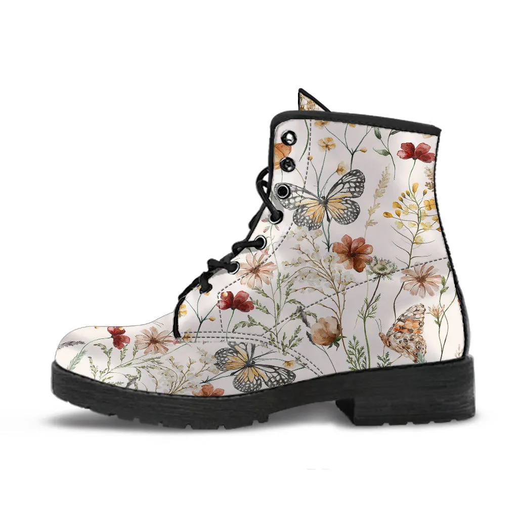 Tiny bloom Watercolor Butterfly Women Vegan Leather Combat Boots