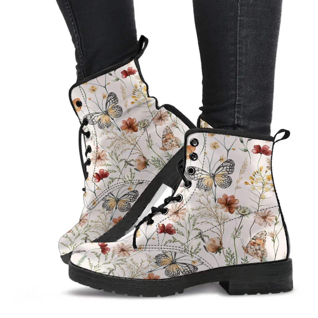 Tiny bloom Watercolor Butterfly Women Vegan Leather Combat Boots