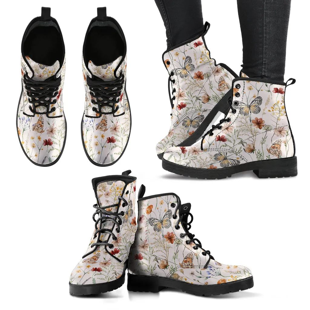 Tiny bloom Watercolor Butterfly Women Vegan Leather Combat Boots