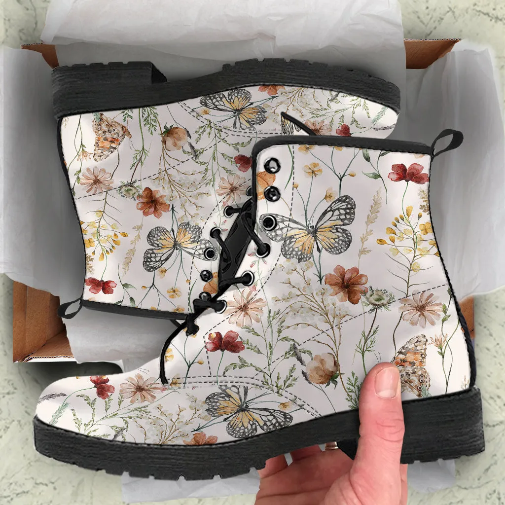 Tiny bloom Watercolor Butterfly Women Vegan Leather Combat Boots