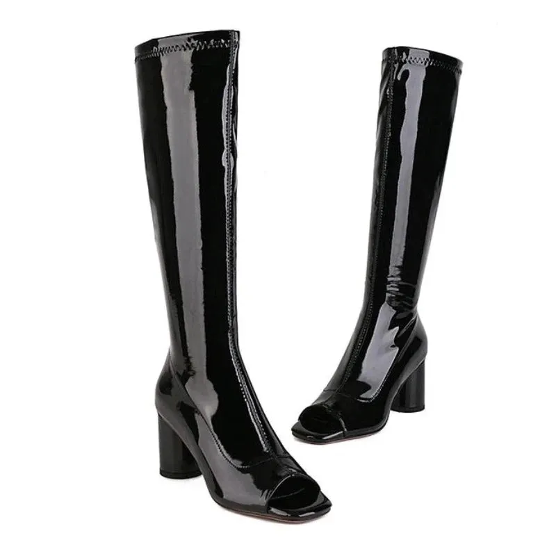 Trend4us Women's Open-Toe Round Heels Knee-High Boots
