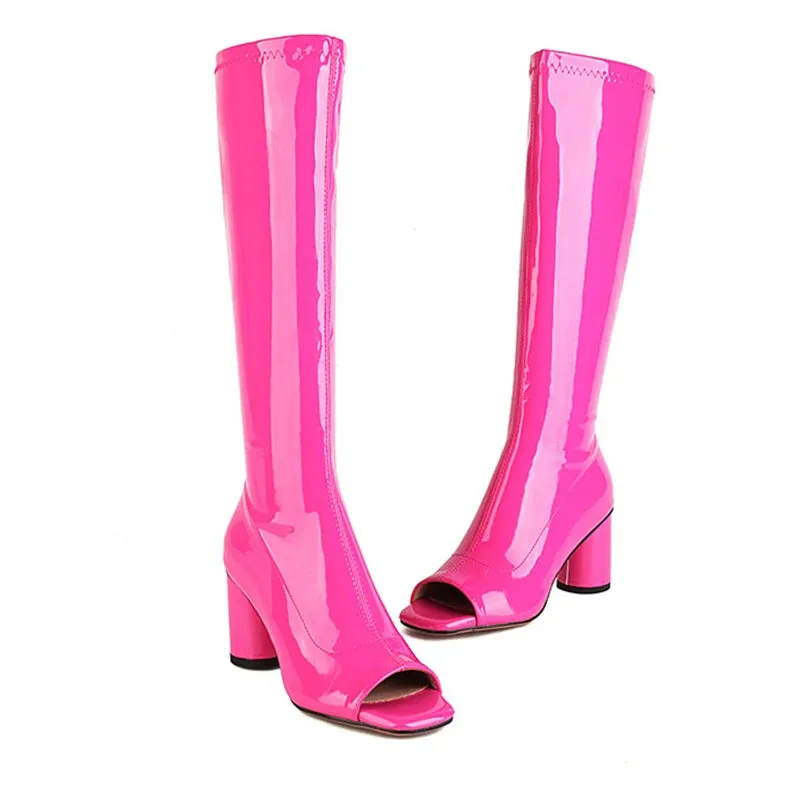 Trend4us Women's Open-Toe Round Heels Knee-High Boots