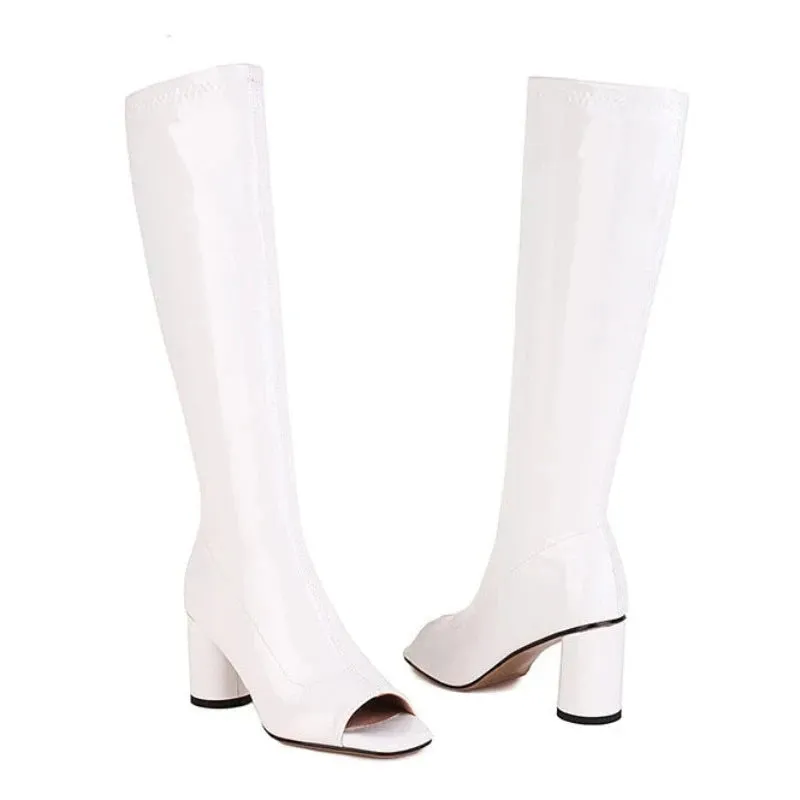 Trend4us Women's Open-Toe Round Heels Knee-High Boots