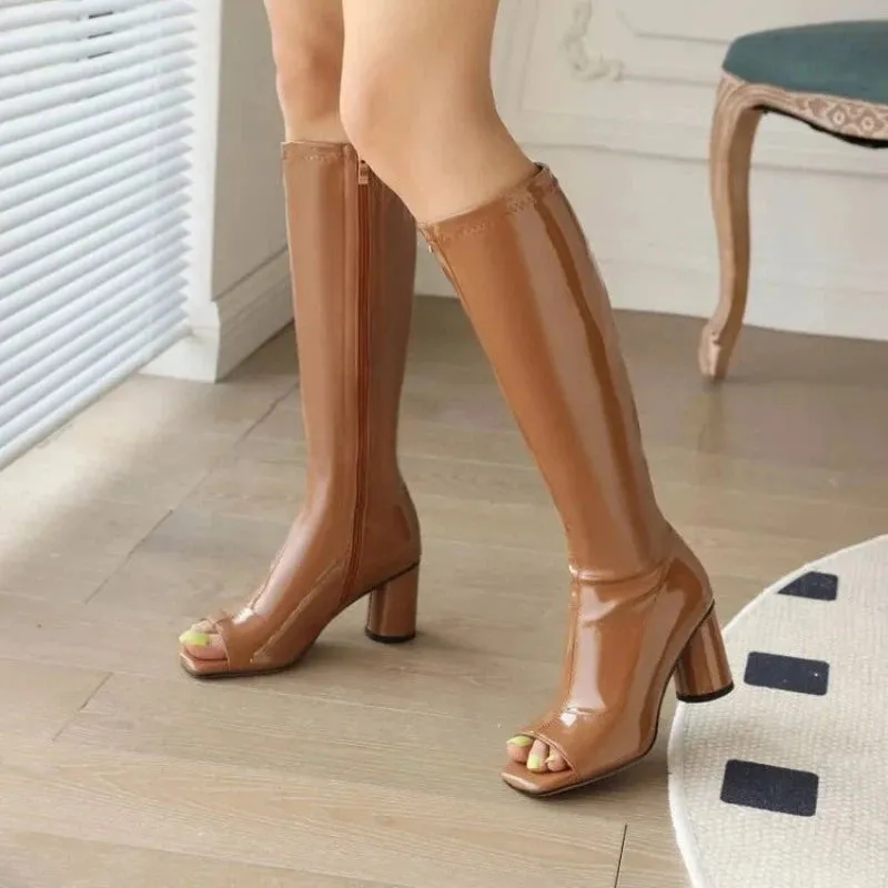Trend4us Women's Open-Toe Round Heels Knee-High Boots