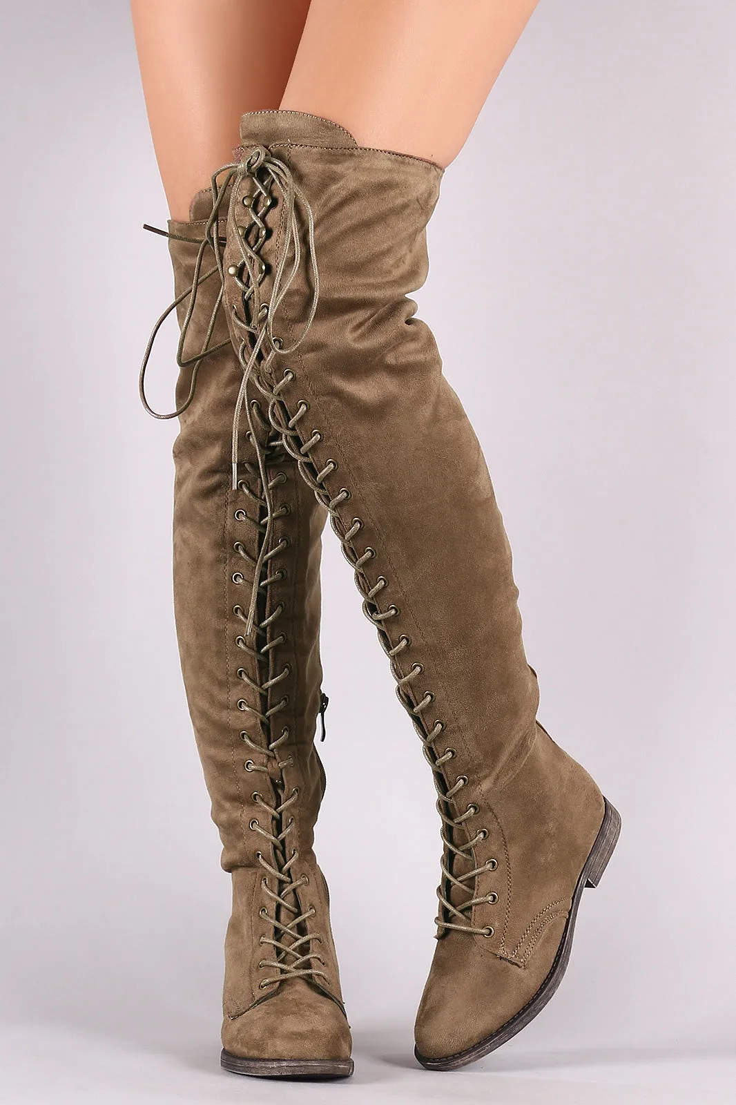 Vegan Suede Combat Lace-Up Over-The-Knee Boots