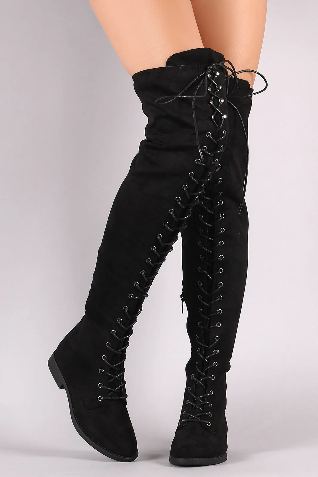 Vegan Suede Combat Lace-Up Over-The-Knee Boots