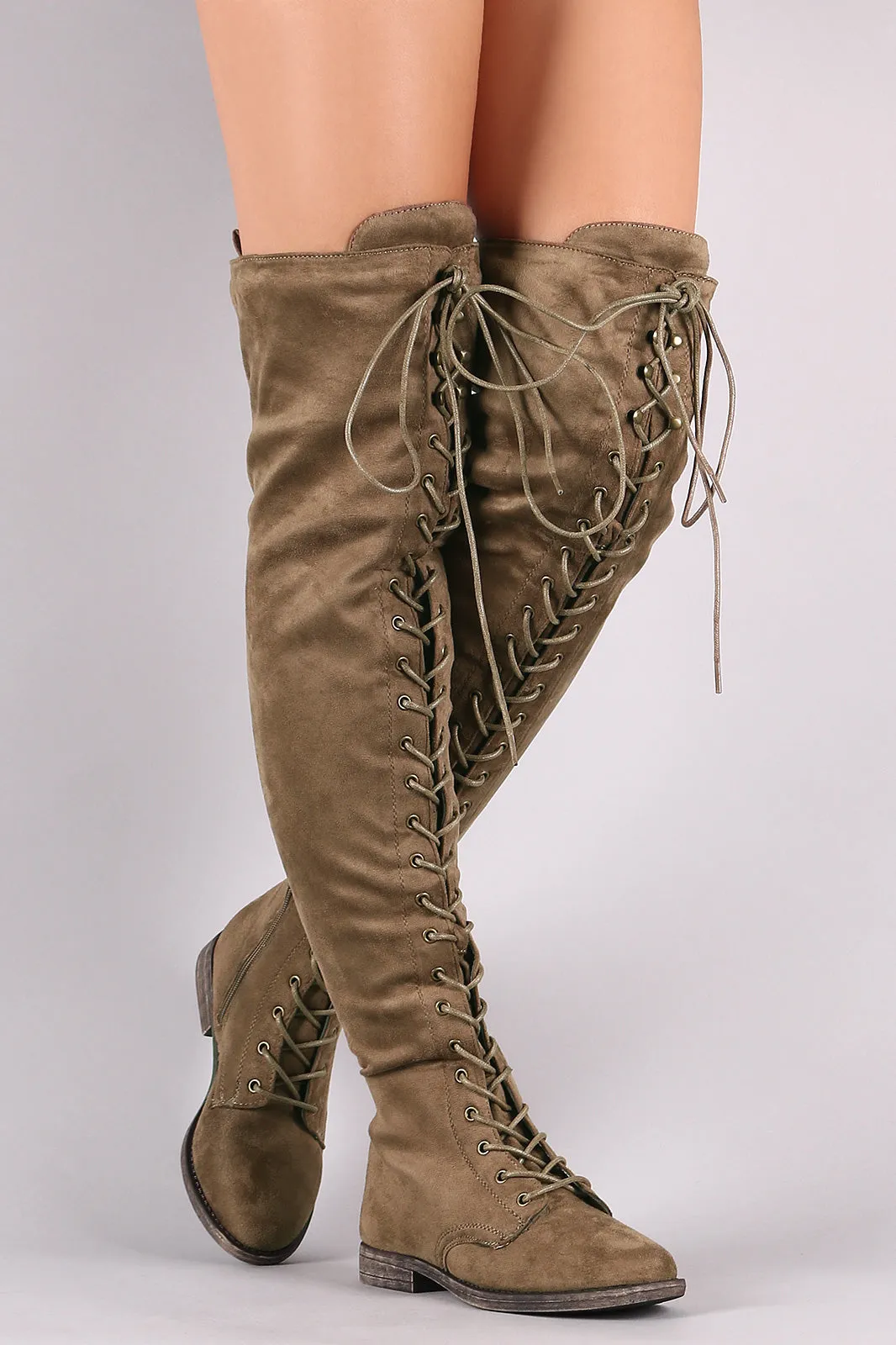 Vegan Suede Combat Lace-Up Over-The-Knee Boots