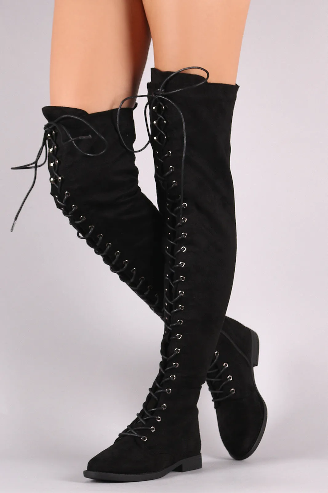 Vegan Suede Combat Lace-Up Over-The-Knee Boots