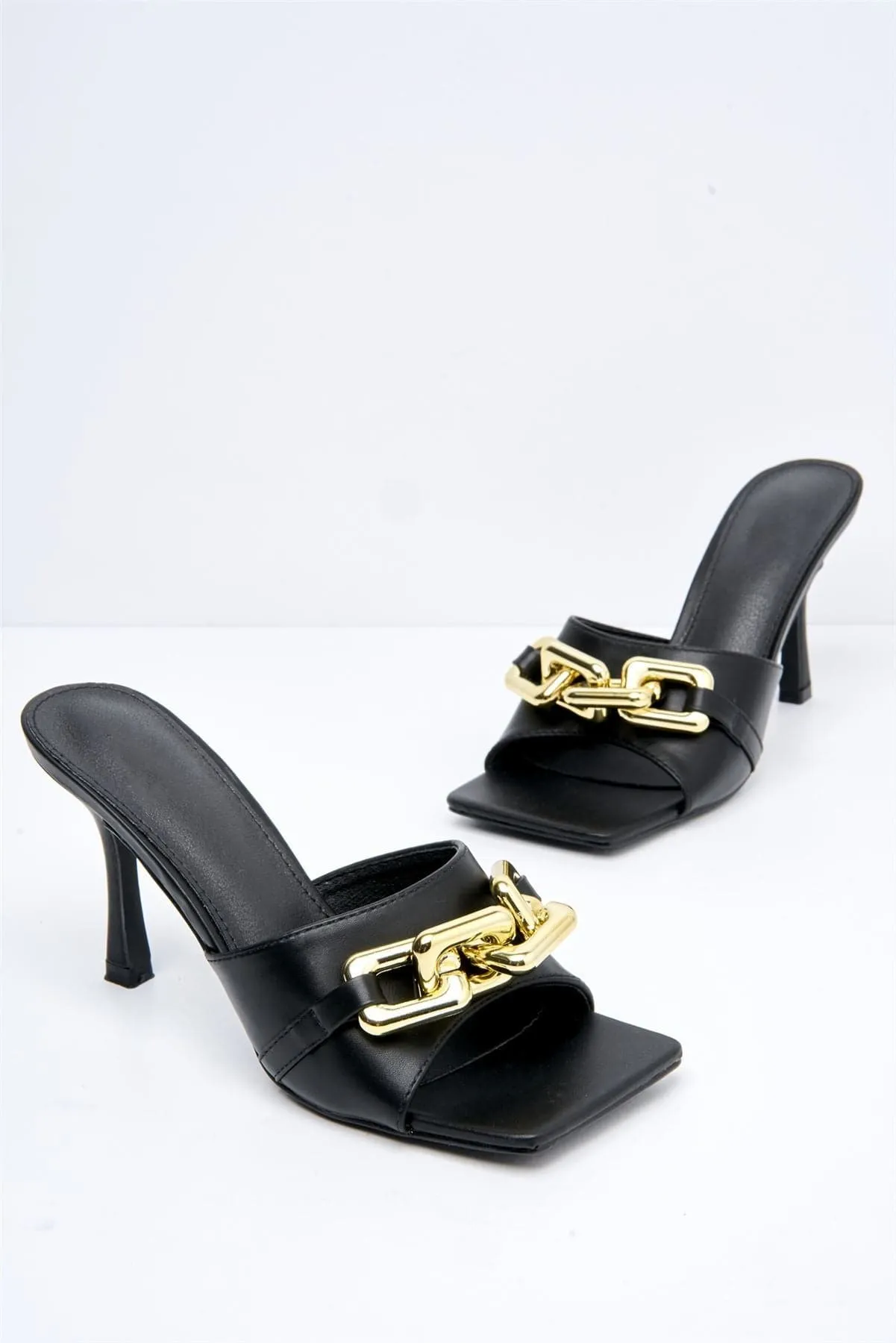 Viola Gold Chain Detail Mule in Black