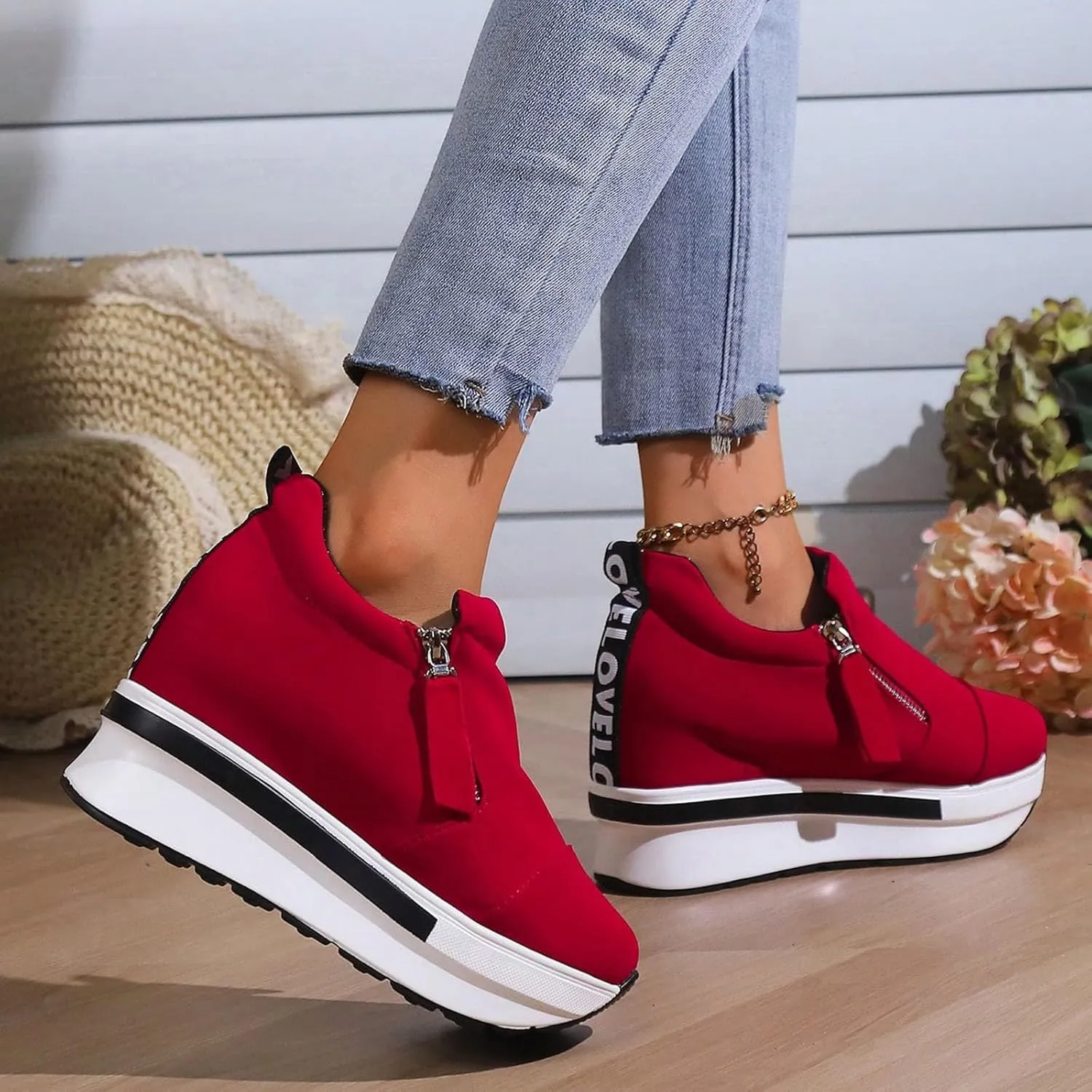 Women Casual ShoesThick Soled Platform Canvas High Heeled Casual Shoes Zipper Foreign Trade Women's Shoes Sneaker Men