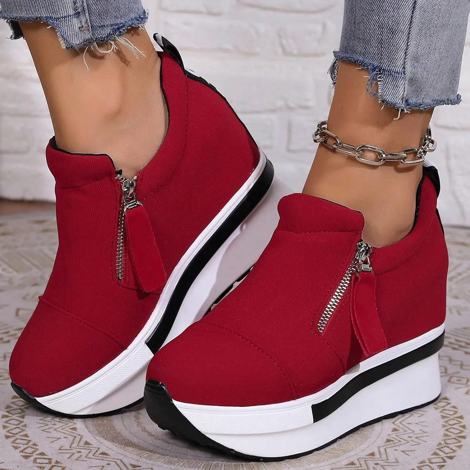 Women Casual ShoesThick Soled Platform Canvas High Heeled Casual Shoes Zipper Foreign Trade Women's Shoes Sneaker Men