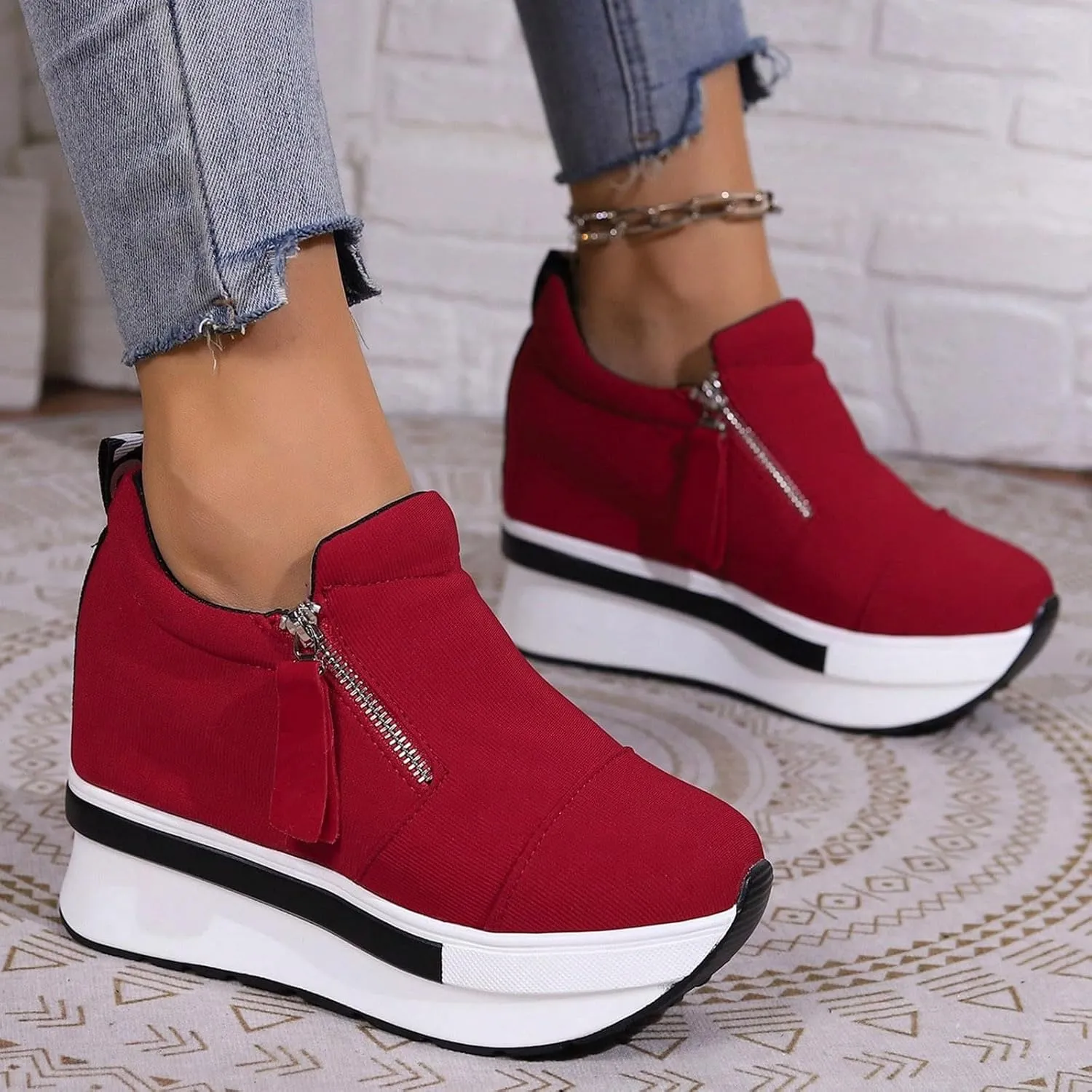 Women Casual ShoesThick Soled Platform Canvas High Heeled Casual Shoes Zipper Foreign Trade Women's Shoes Sneaker Men