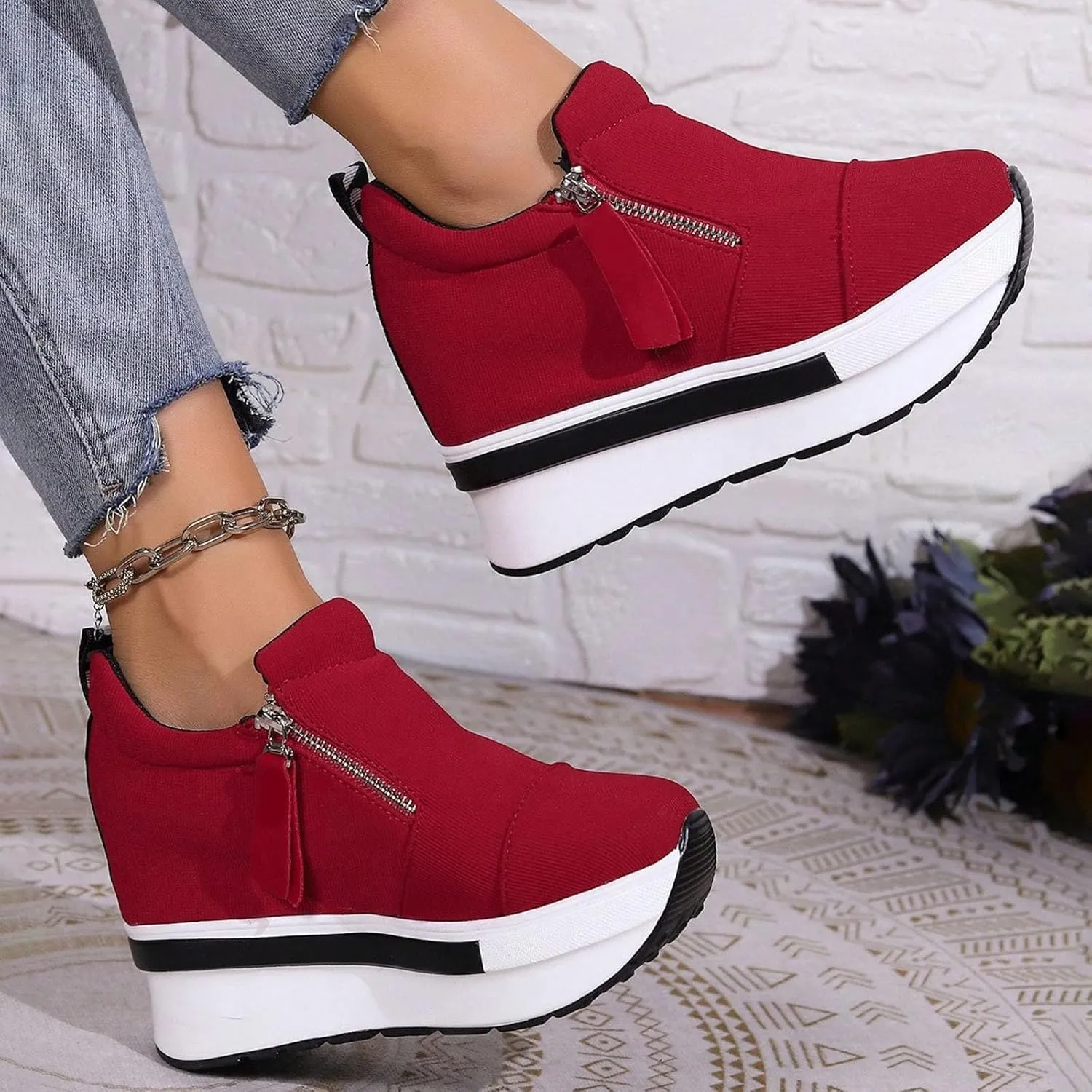 Women Casual ShoesThick Soled Platform Canvas High Heeled Casual Shoes Zipper Foreign Trade Women's Shoes Sneaker Men