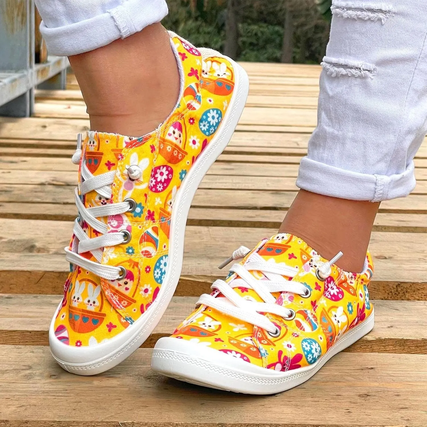 Women Fashion Casual Sneakers Canvas Lace-Up Loafers Lightweight Ladies Shoes Flat Soft Soled Comfortable Shoes Cute Slip on Wide Feet Toe Box Breathable Arch printed lace couples B84-Green