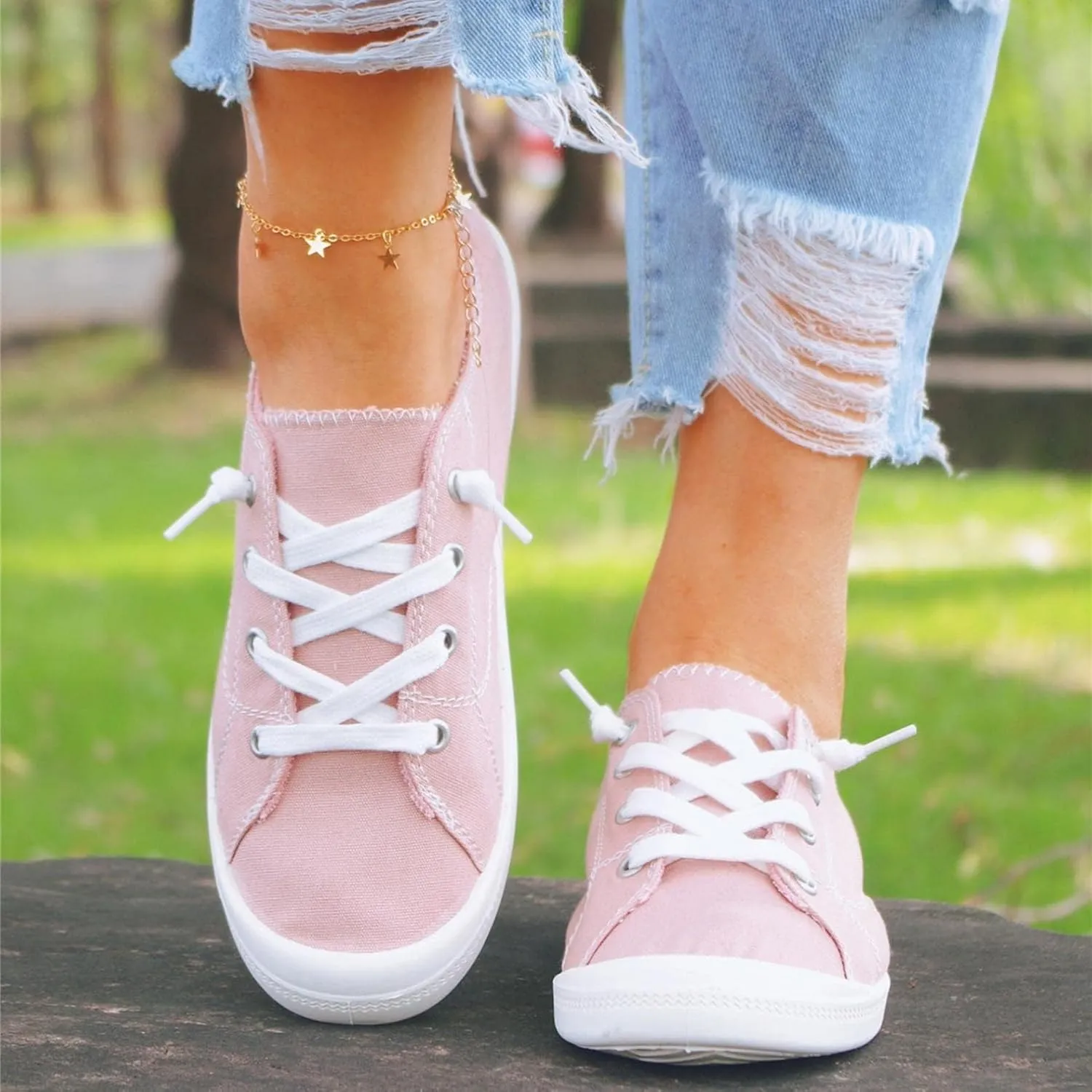 Women Sneakers Low Top Slip On Fashion Shoes,Lace up Canvas Sneakers,Fashion Comfortable Walking Shoes Casual Tennis Shoes for Women Non Slip Loafers