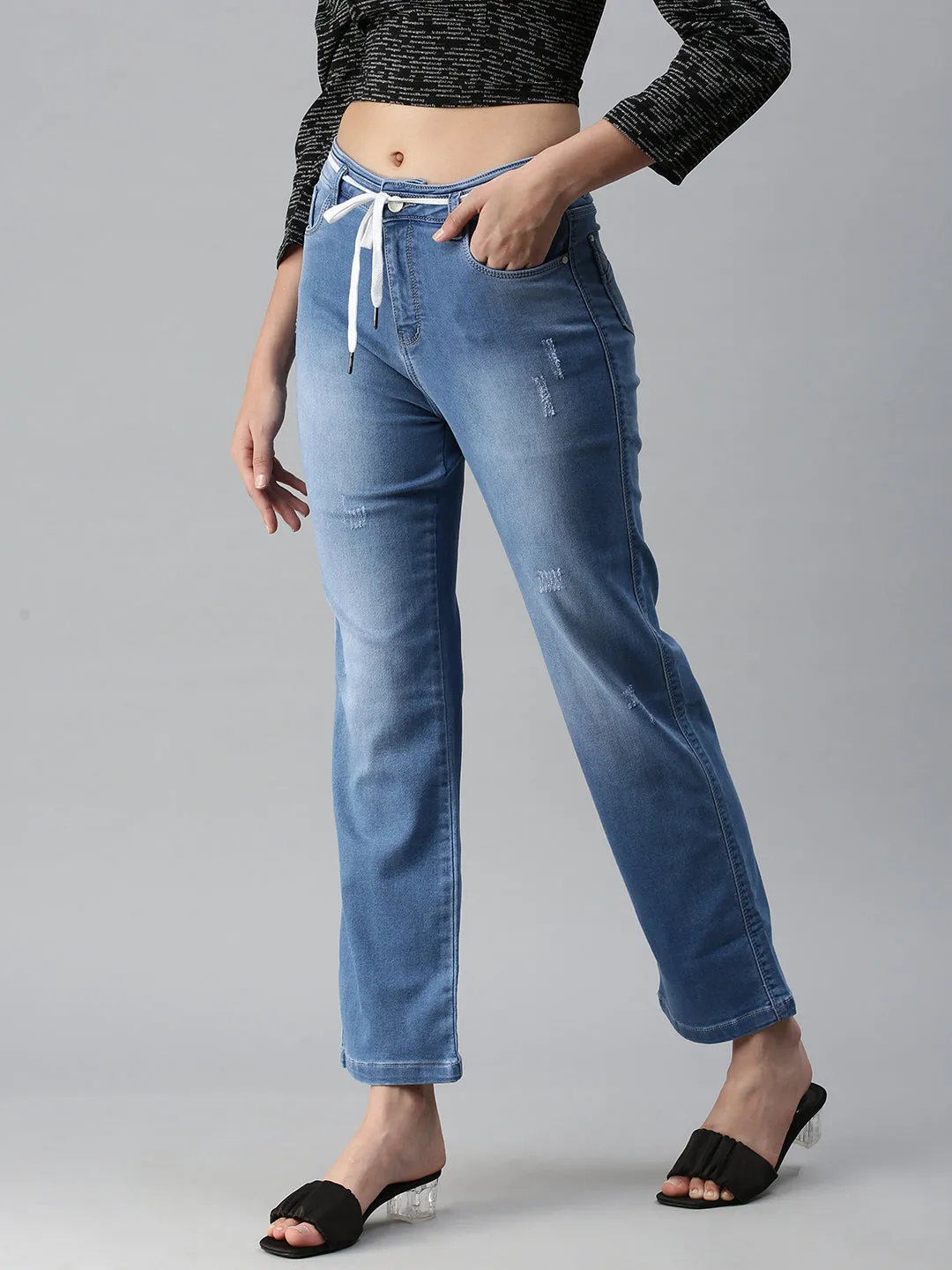 Women's Blue Solid Denim Straight Jeans