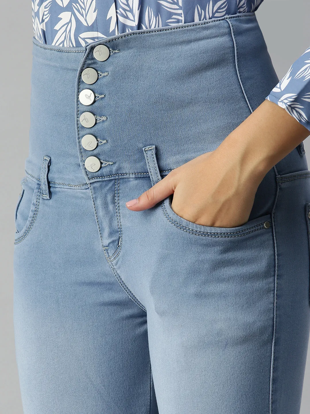 Women's Blue Solid Slim Fit Denim Jeans