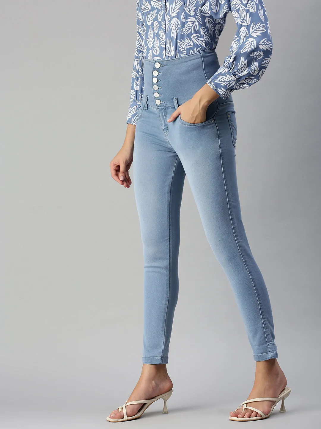 Women's Blue Solid Slim Fit Denim Jeans