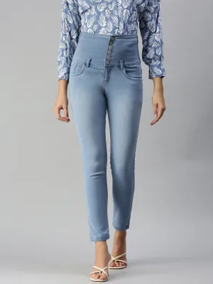 Women's Blue Solid Slim Fit Denim Jeans