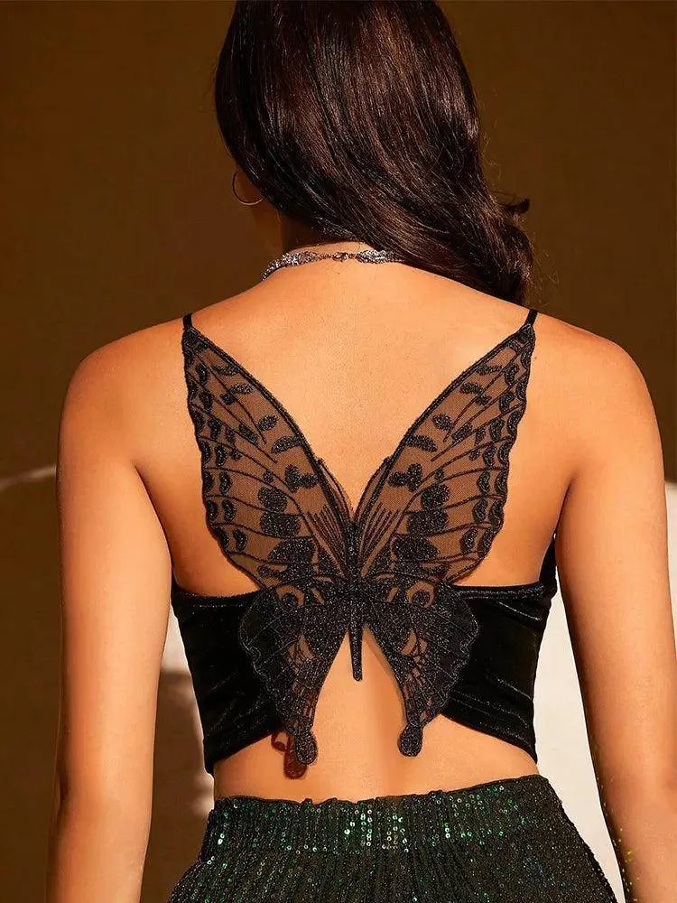 Women's Butterfly Embroidery Mesh Velvet Cami Top