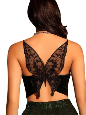 Women's Butterfly Embroidery Mesh Velvet Cami Top