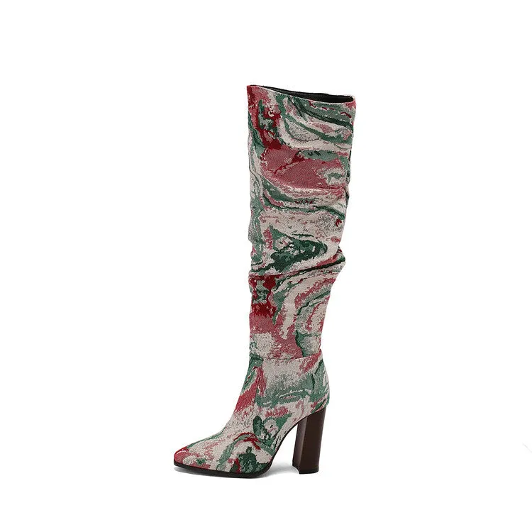 Women's Camouflage Pointed Toe Square Heel Tall Boots
