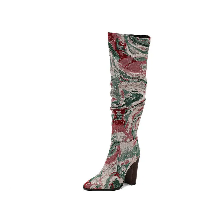Women's Camouflage Pointed Toe Square Heel Tall Boots