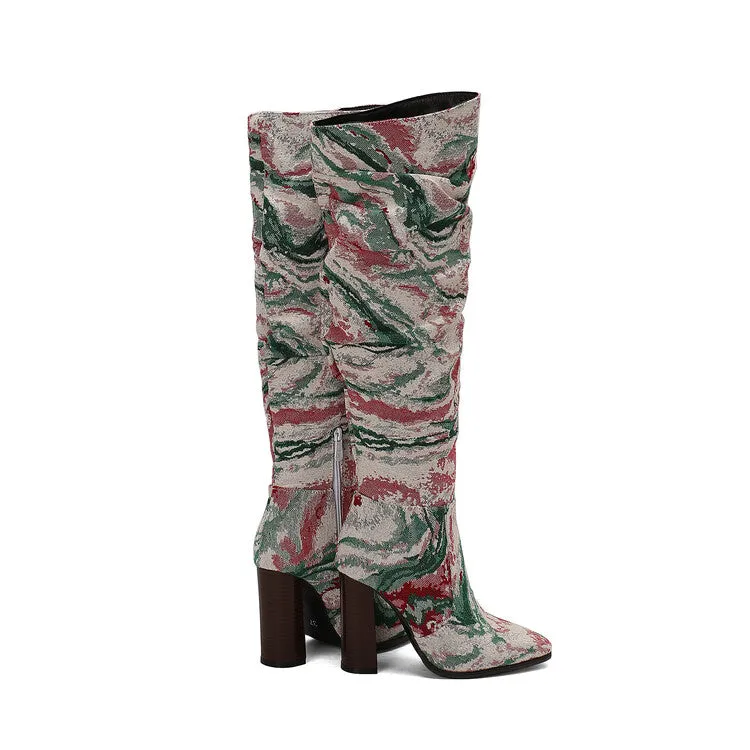 Women's Camouflage Pointed Toe Square Heel Tall Boots