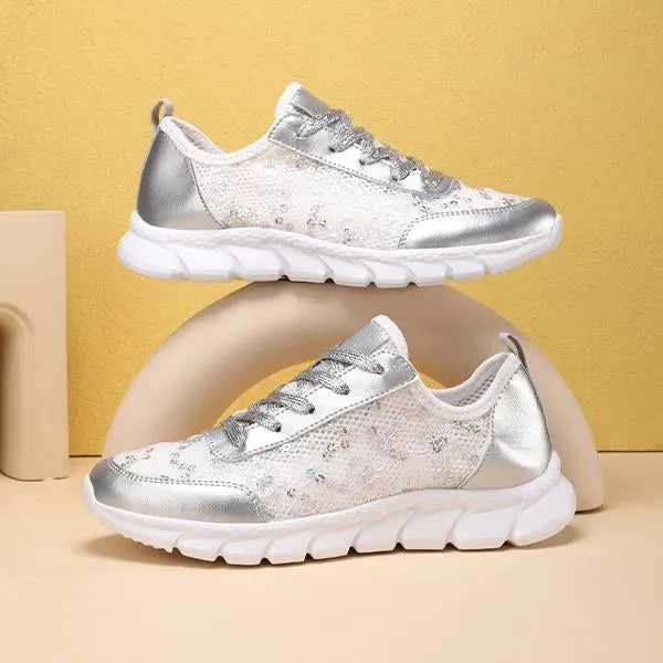 Women's Casual Mesh Glitter Lace-Up Sneakers 55122883S