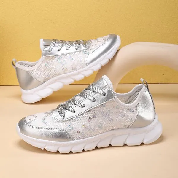 Women's Casual Mesh Glitter Lace-Up Sneakers 55122883S