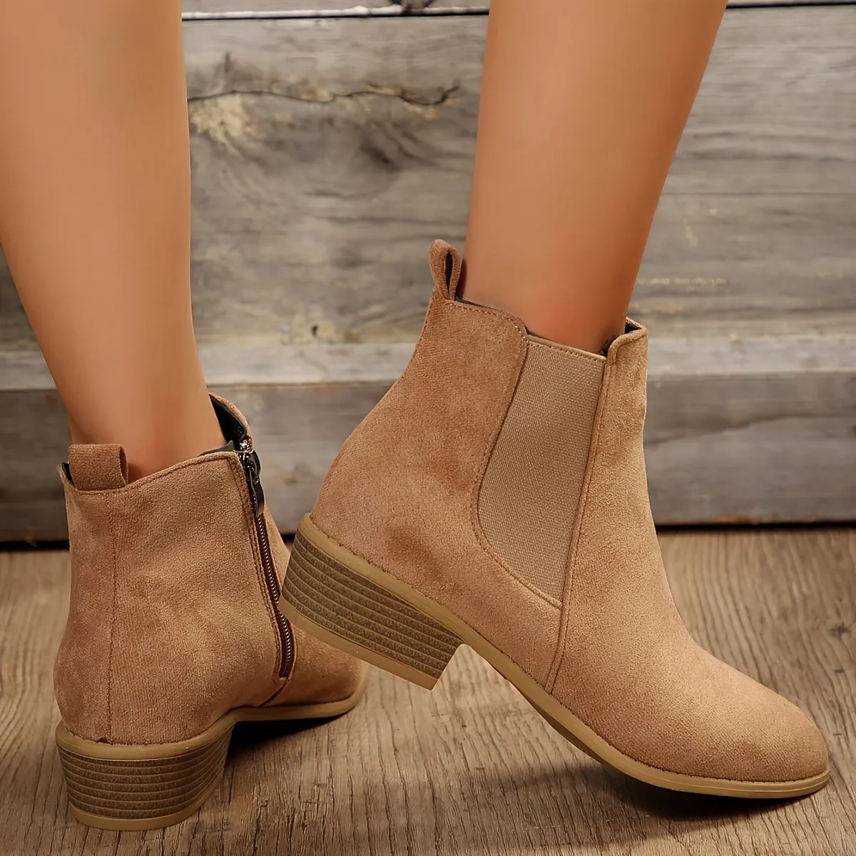 Women's Chunky Heel Chelsea Boots, Fashion Point Toe Side Zipper Boots, Comfortable Stretch Fabric Sided Boots