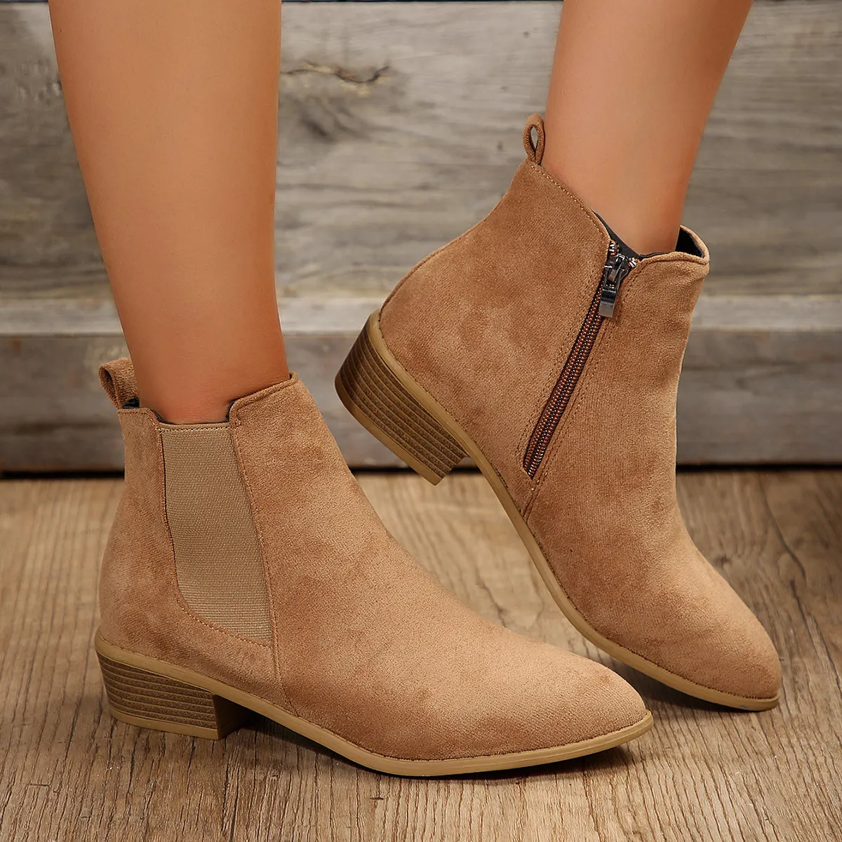 Women's Chunky Heel Chelsea Boots, Fashion Point Toe Side Zipper Boots, Comfortable Stretch Fabric Sided Boots