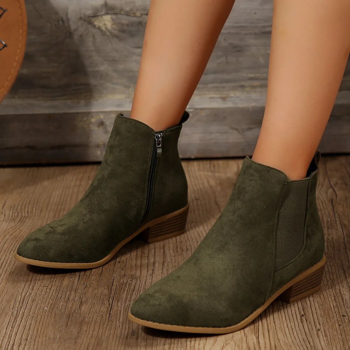 Women's Chunky Heel Chelsea Boots, Fashion Point Toe Side Zipper Boots, Comfortable Stretch Fabric Sided Boots