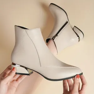 Women's Chunky Low Heeled Ankle Boots, Pointed Toe Stitching Side Zipper Boots, Casual All-Match Short Boots