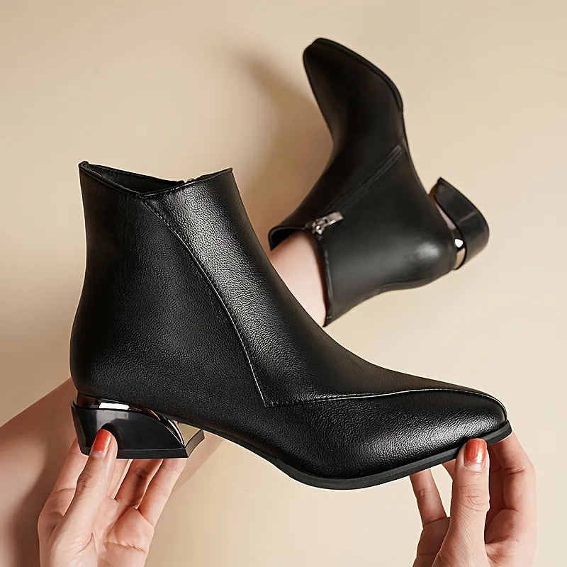 Women's Chunky Low Heeled Ankle Boots, Pointed Toe Stitching Side Zipper Boots, Casual All-Match Short Boots