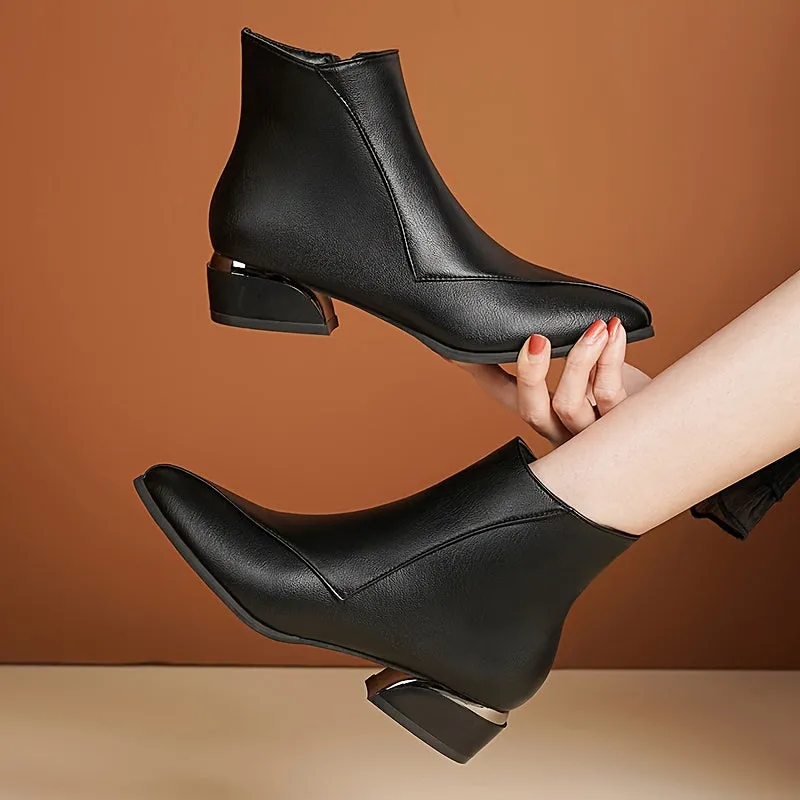 Women's Chunky Low Heeled Ankle Boots, Pointed Toe Stitching Side Zipper Boots, Casual All-Match Short Boots