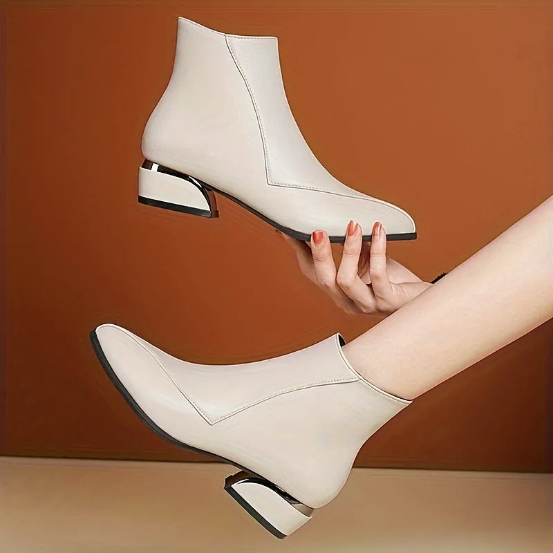 Women's Chunky Low Heeled Ankle Boots, Pointed Toe Stitching Side Zipper Boots, Casual All-Match Short Boots