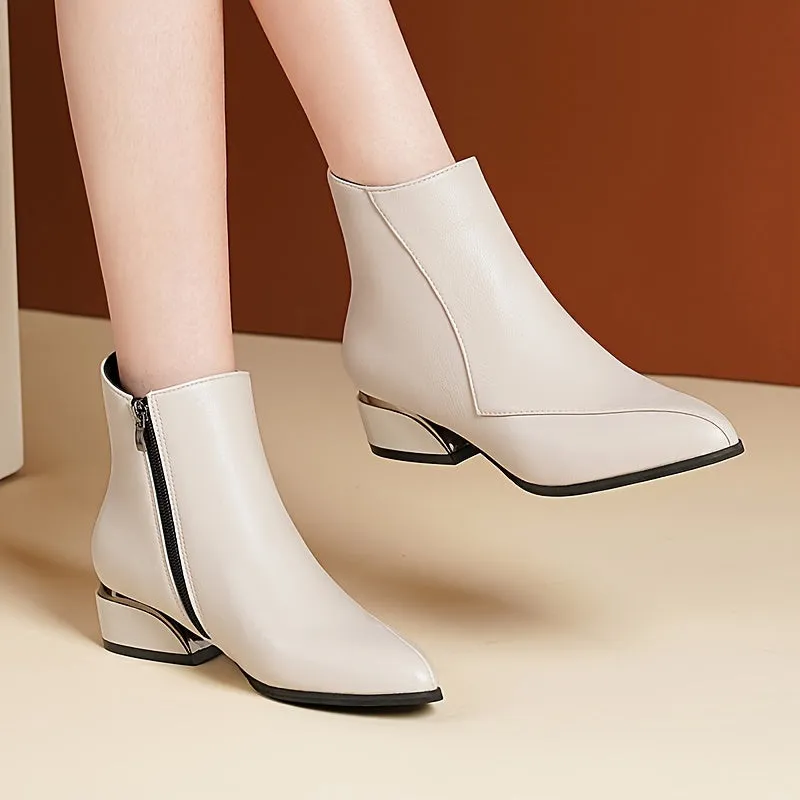 Women's Chunky Low Heeled Ankle Boots, Pointed Toe Stitching Side Zipper Boots, Casual All-Match Short Boots