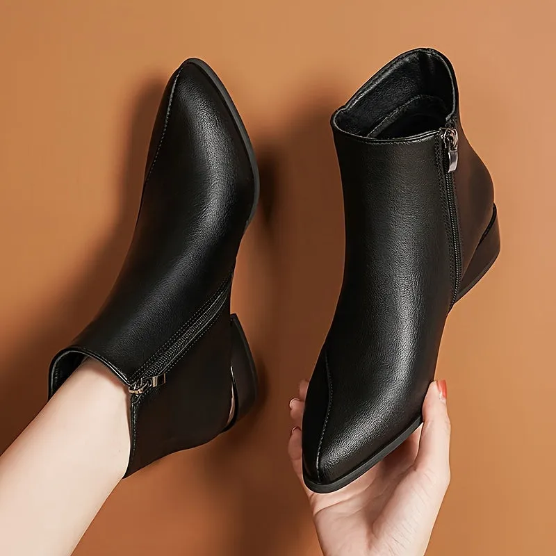 Women's Chunky Low Heeled Ankle Boots, Pointed Toe Stitching Side Zipper Boots, Casual All-Match Short Boots