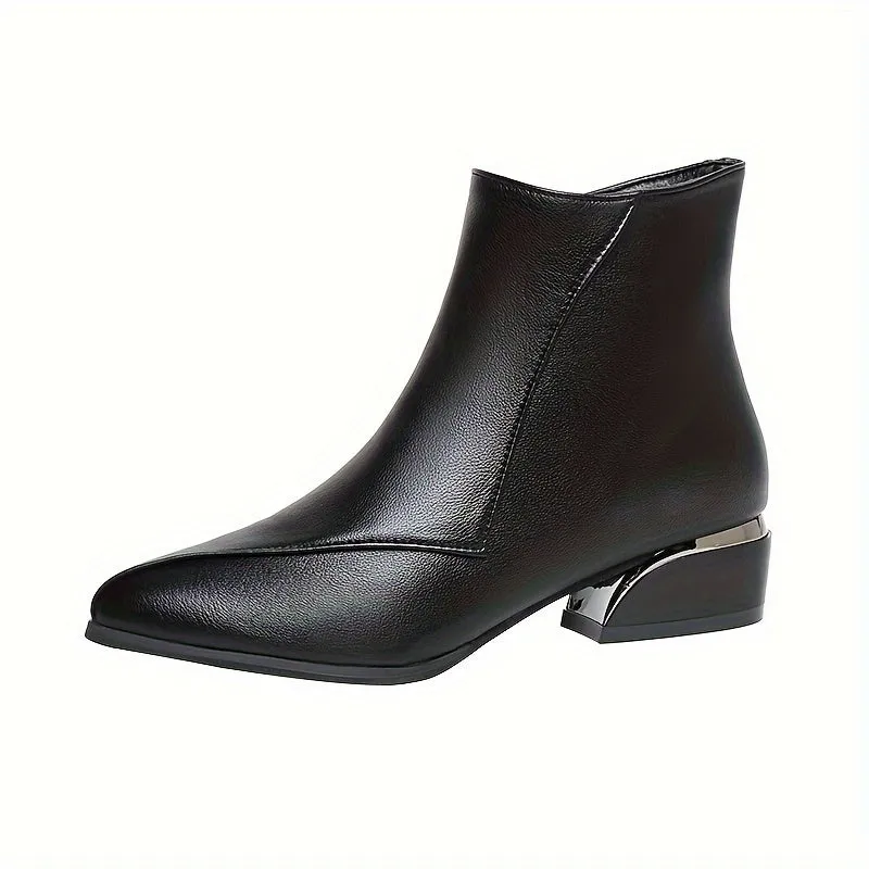 Women's Chunky Low Heeled Ankle Boots, Pointed Toe Stitching Side Zipper Boots, Casual All-Match Short Boots