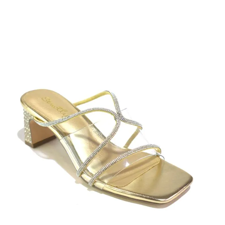 Women's Clear Rhinestone Open Toe Heels Sandals Gold