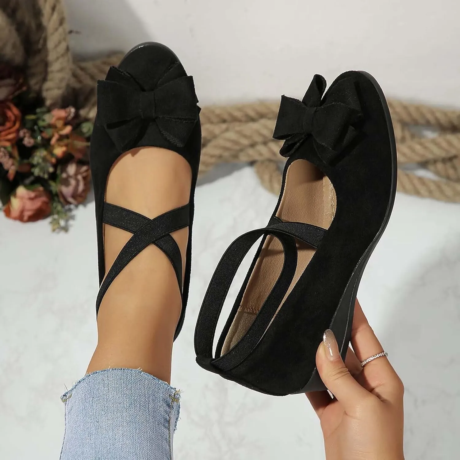 Women's Comfortable Suede Casual Shoes Low Heel Elastic Strap Slip-On Walking Footwear for Daily Wear and Outings