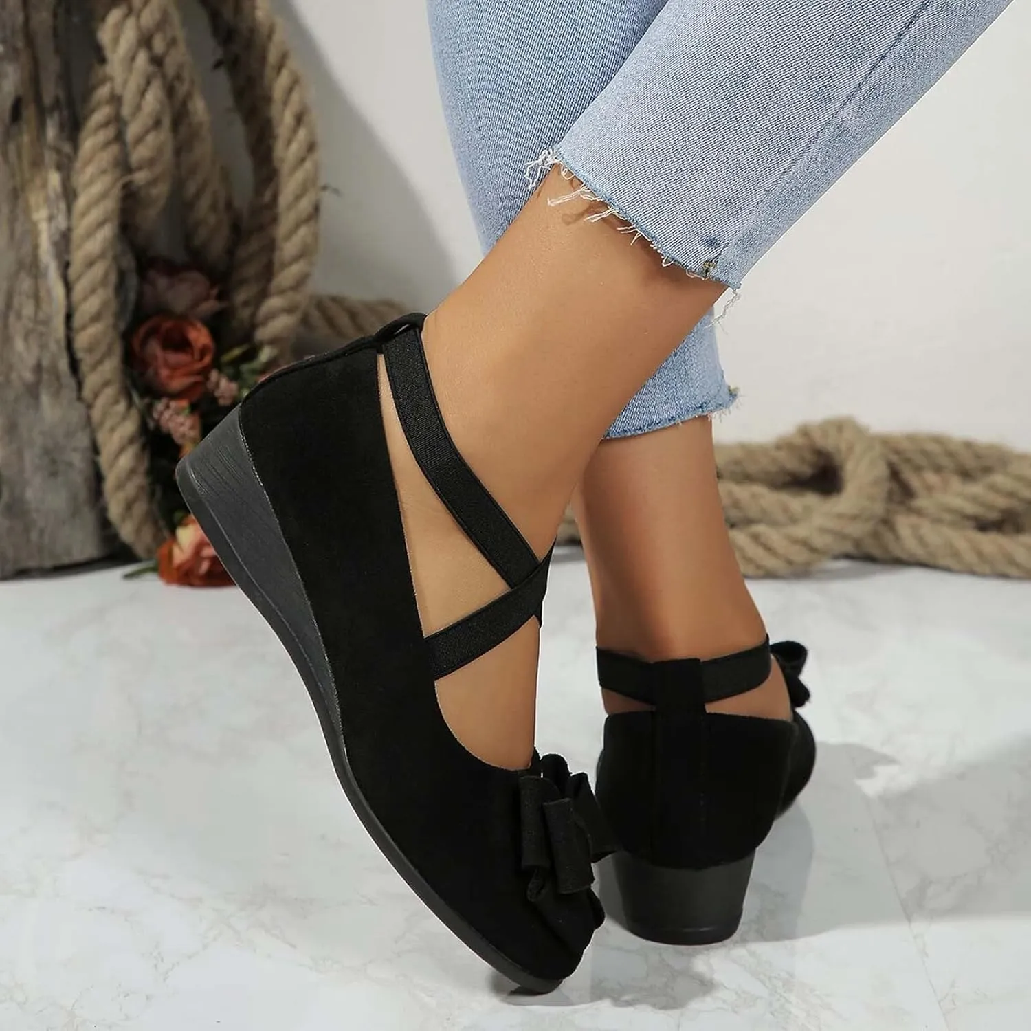Women's Comfortable Suede Casual Shoes Low Heel Elastic Strap Slip-On Walking Footwear for Daily Wear and Outings