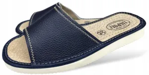 Women's Dark Blue Leather Open Toe Slippers | K-289