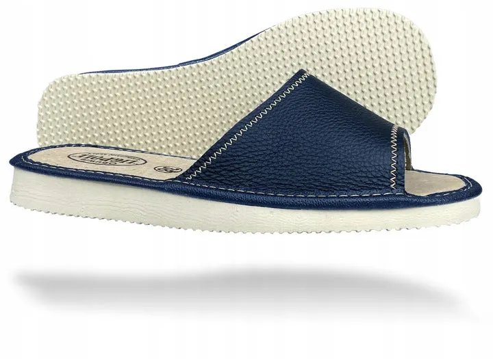 Women's Dark Blue Leather Open Toe Slippers | K-289
