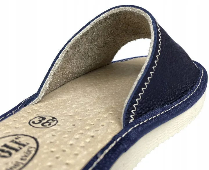 Women's Dark Blue Leather Open Toe Slippers | K-289