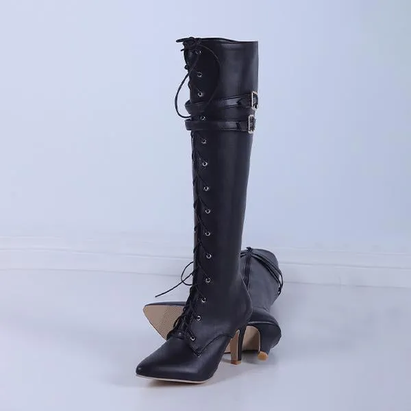 Women's Fashionable Pointed Toe Lace-Up Stiletto Heel Boots 69067544S